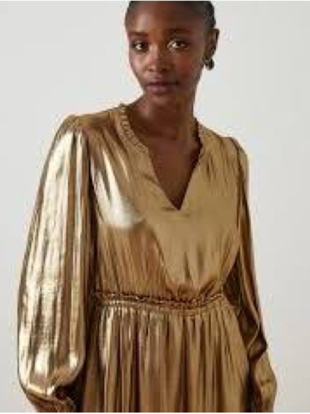 Fat Face Metallic Gold Long Sleeve V-Neck Dress